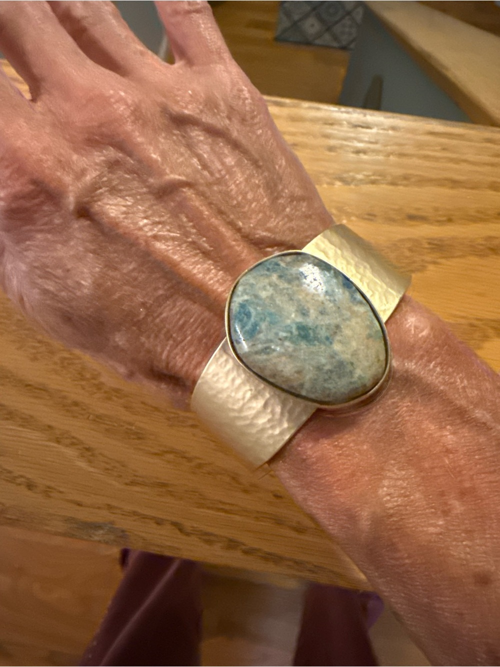 Hammered Silver Cuff Bracelet with Blue Stone